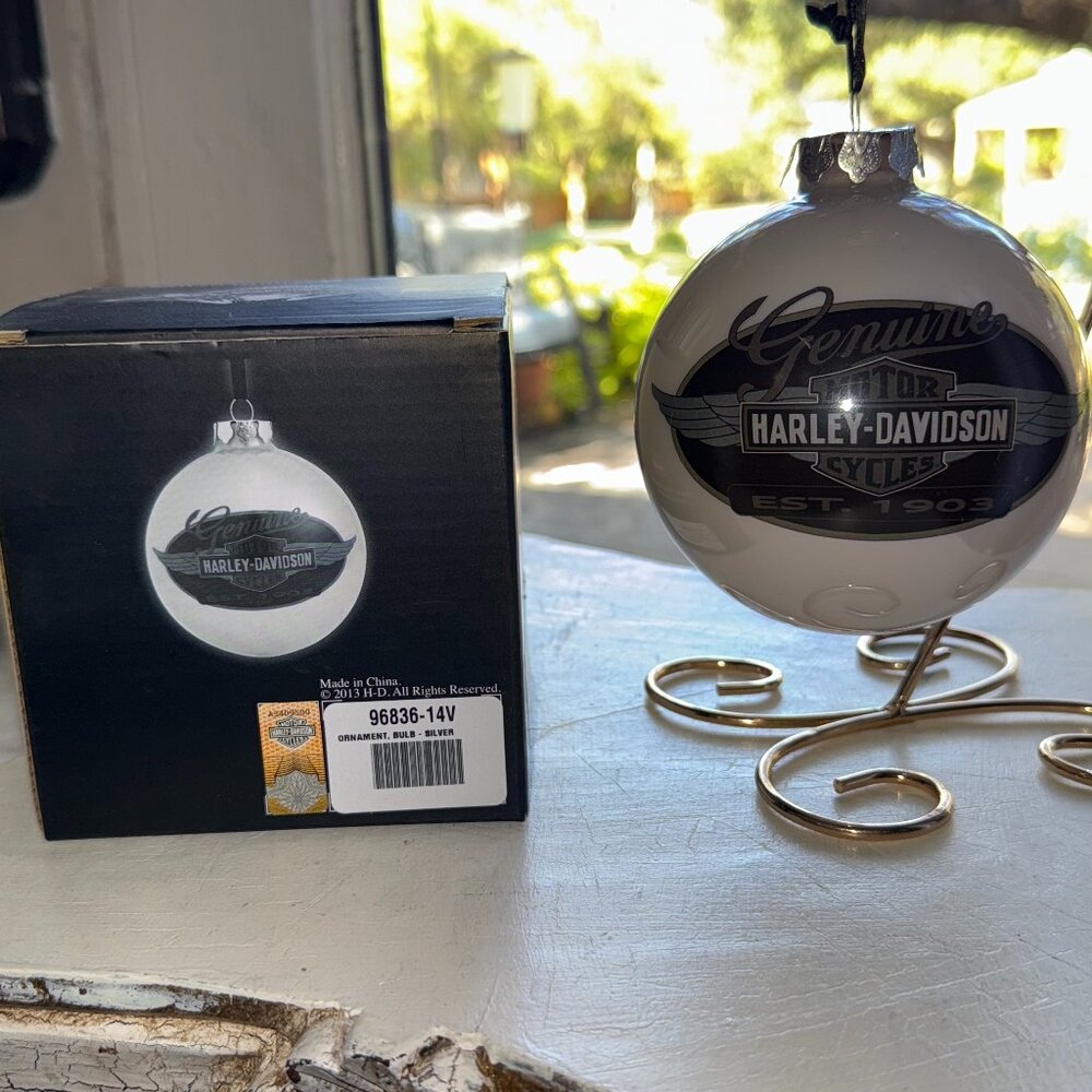 Harley Davidson Motorcycle 2013 White Glass Ball Bulb Holiday Ornament 96836-14V